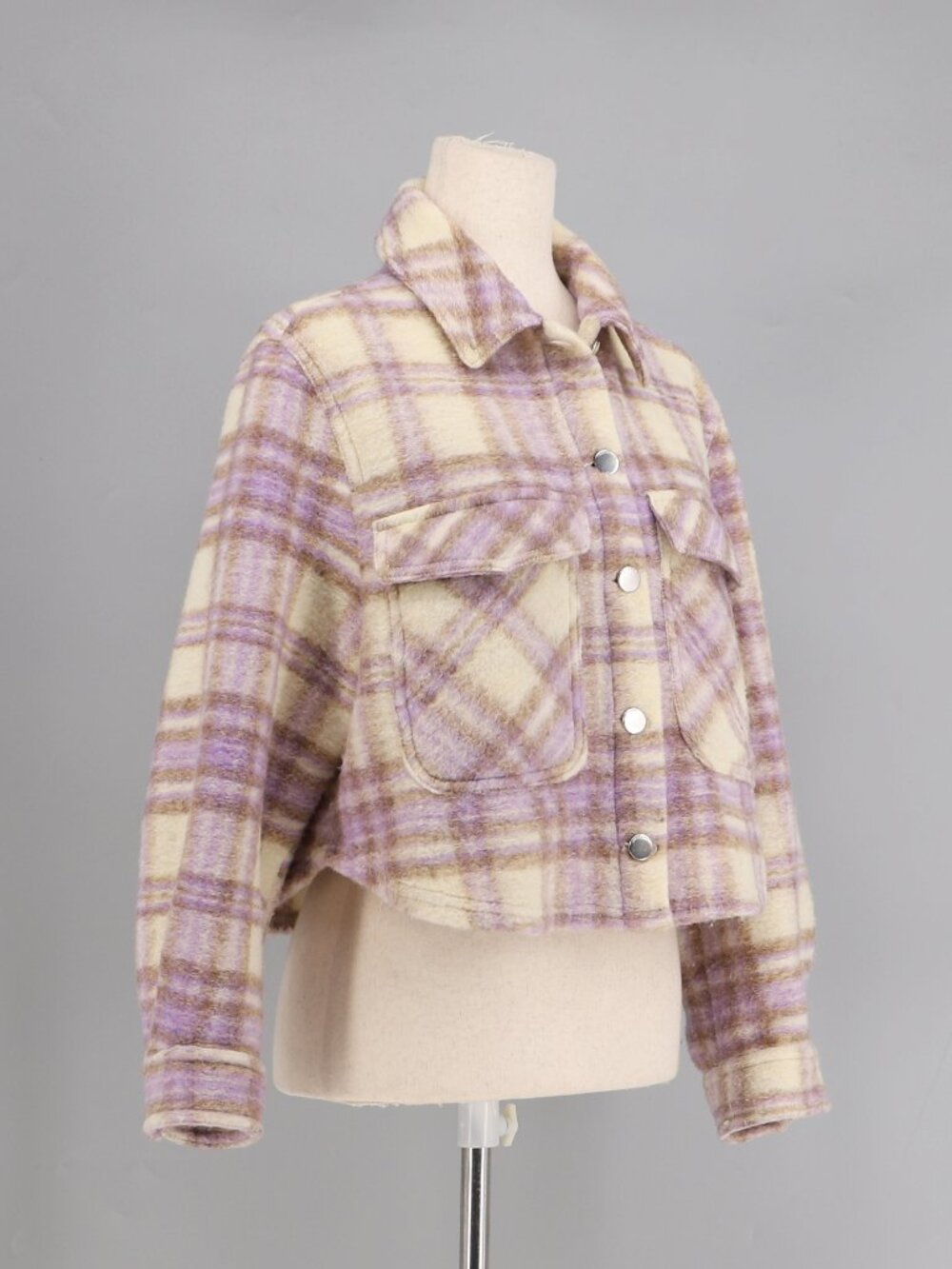 ZARA Wool Blend Plaid Cropped Shacket Jacket in Lilac & Cream Size M - Picture 2 of 5